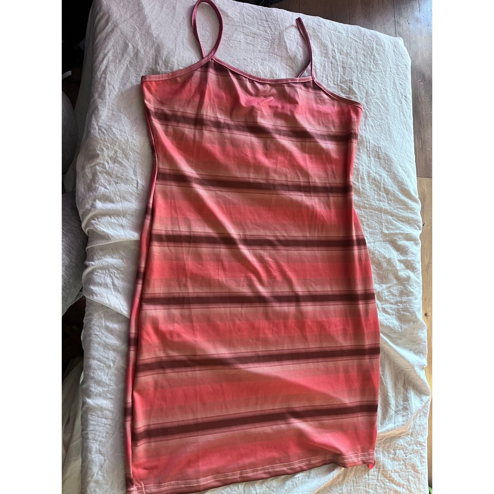 Striped Spaghetti Strap Mini Dress Coral Pink Brown Size Medium‎